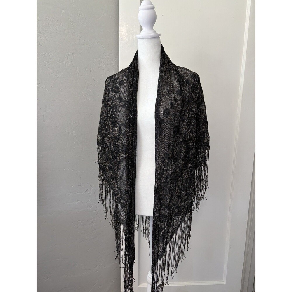 Vintage Ben Goodman Black Gold Metallic Lace Fringe Triangle Shawl Wrap FLAW - Picture 1 of 8